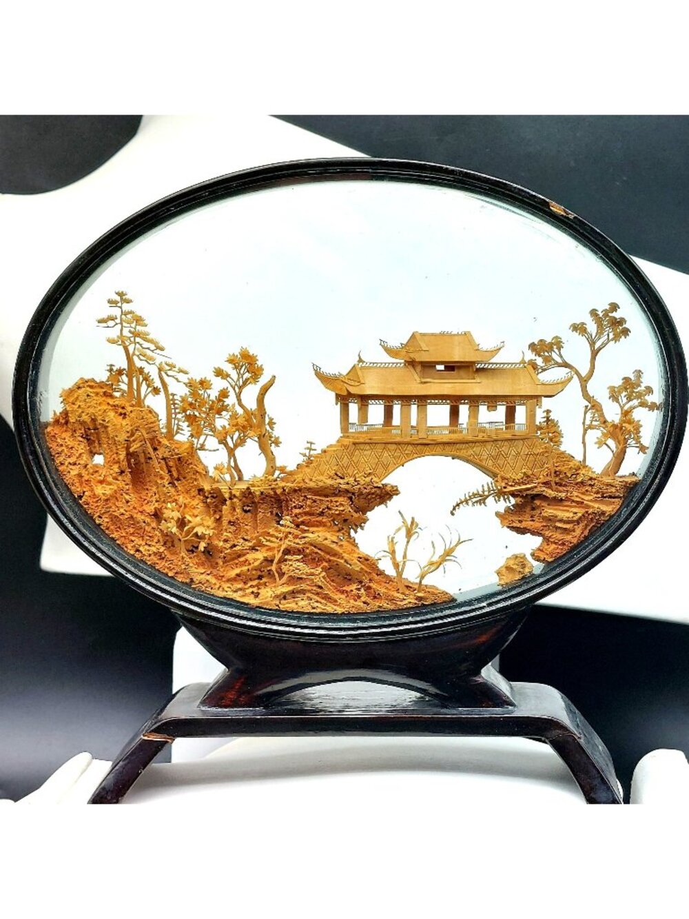 Vintage Chinese Cork Carving Diorama Oval Glass Pavilion Bridge Display 7.5"